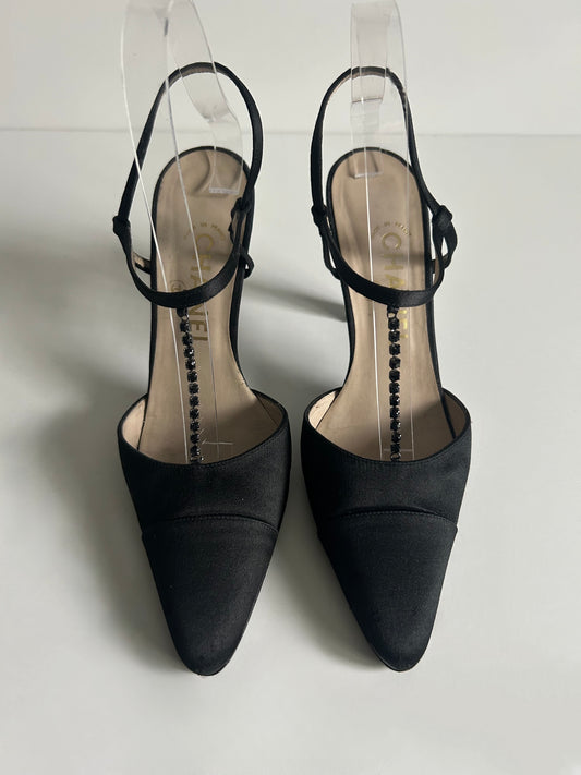 Designer Vintage Chanel Black Satin T-Strap Heels with Crystal Chain Detail - 1990s to early 2000s (Karl Lagerfeld era)