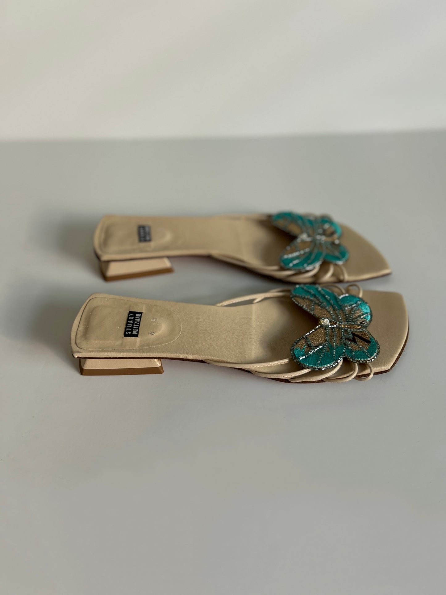 Designer Vintage Stuart Weitzman Butterfly Embellished Mule Heels Size 8 Beaded Y2K Sandals