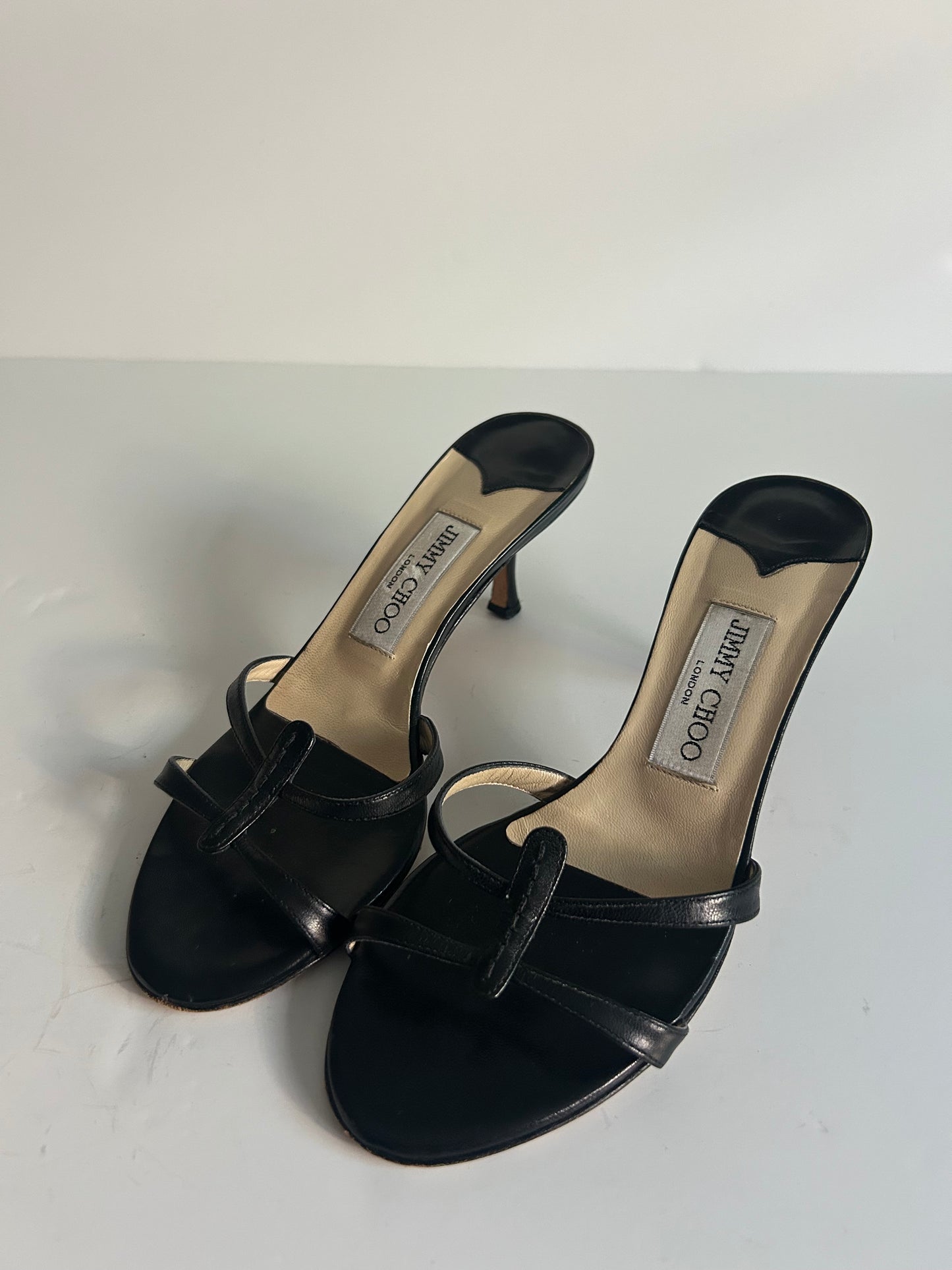 Designer Vintage Jimmy Choo London Black Leather Thong Mule Heels Y2K Sandals