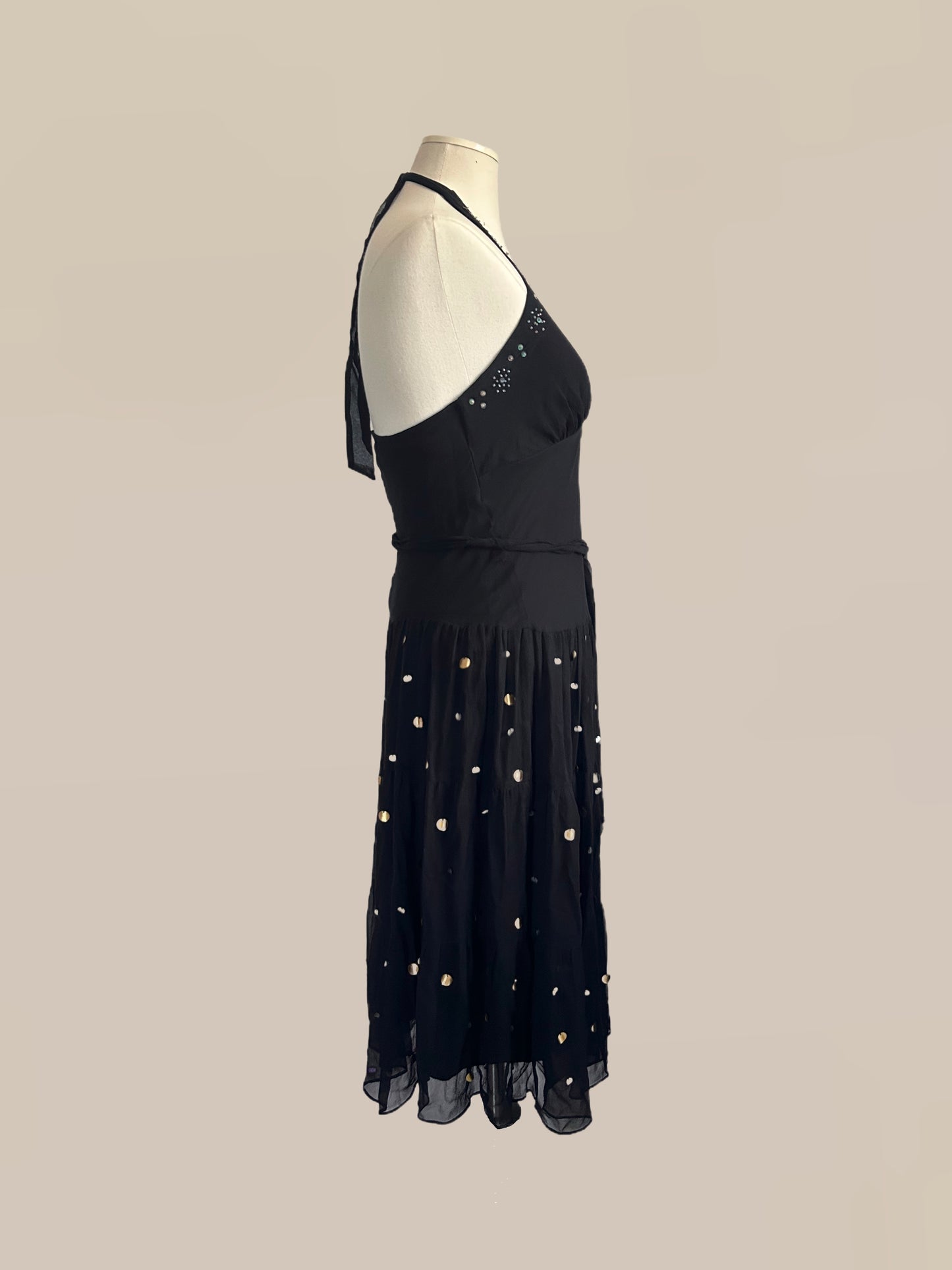 Vintage Black Silk Halter Dress with Gold & Silver Paillette Sequins | 90s / Y2K Dress