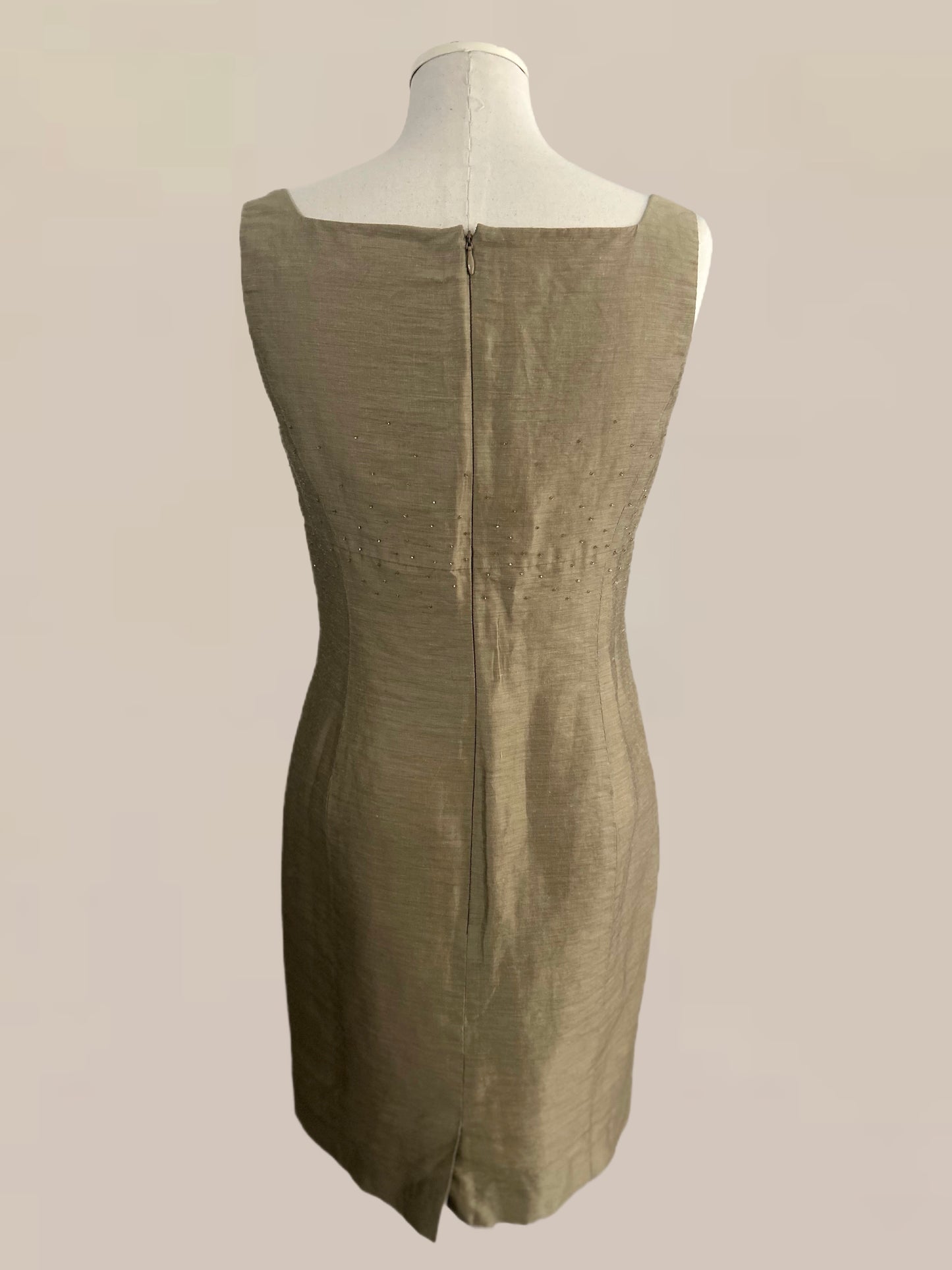 Vintage Olive Linen–Silk Beaded Square Neck Dress