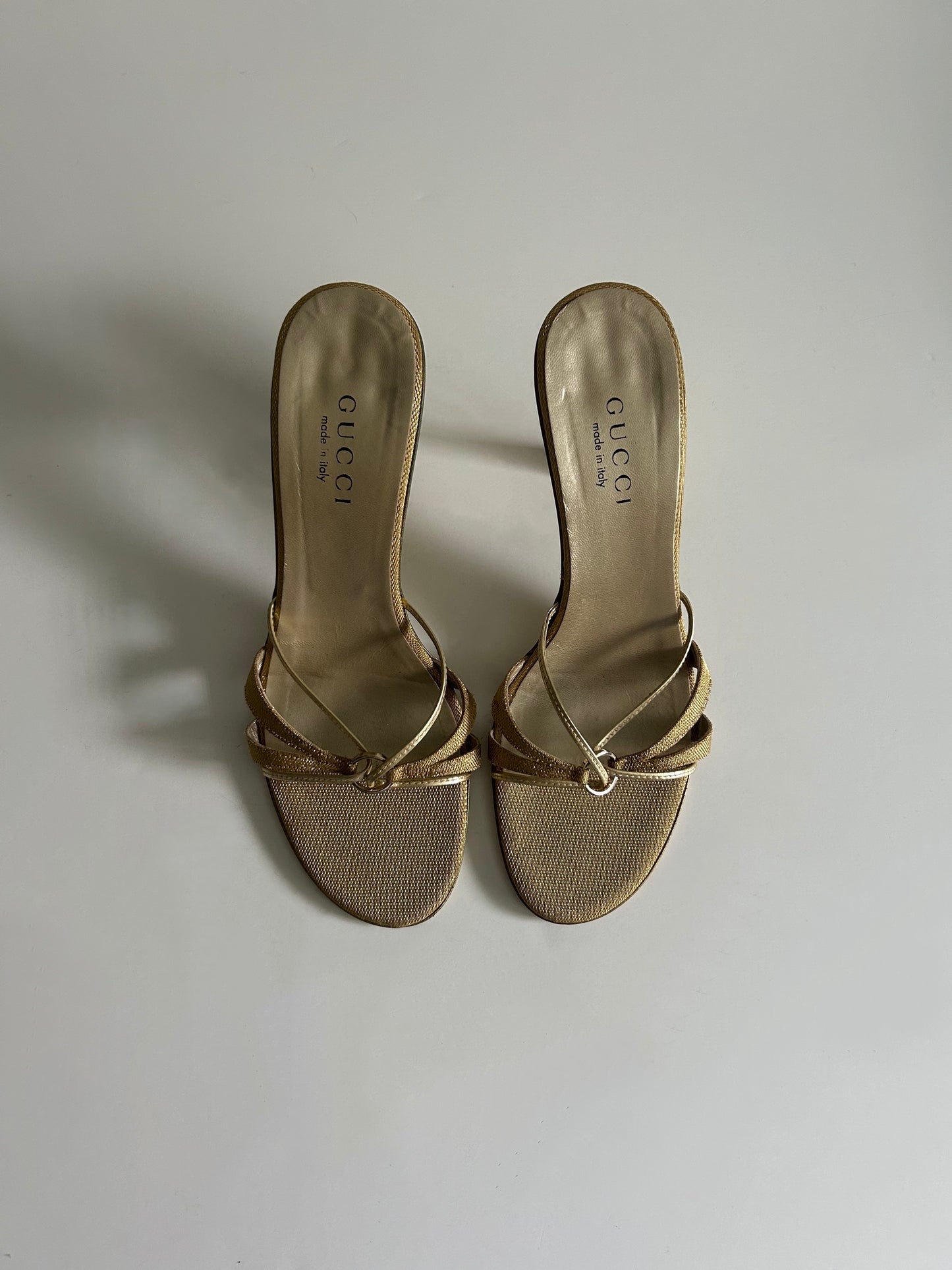 Vintage Gucci Tom Ford Era Gold Strappy Sandals Metallic Heels Made in Italy