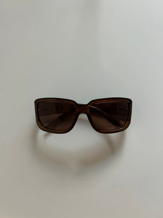 Designer Vintage Christian Dior Rhinestone Logo Sunglasses Y2K Brown Crystal Shield Temples