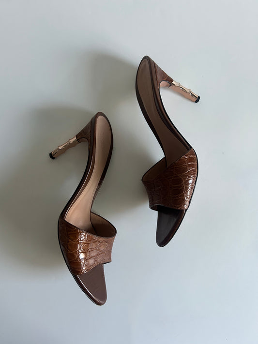 Designer Vintage Gucci Tom Ford Era Croc-Embossed Slide Sandal Heels Size 9 US