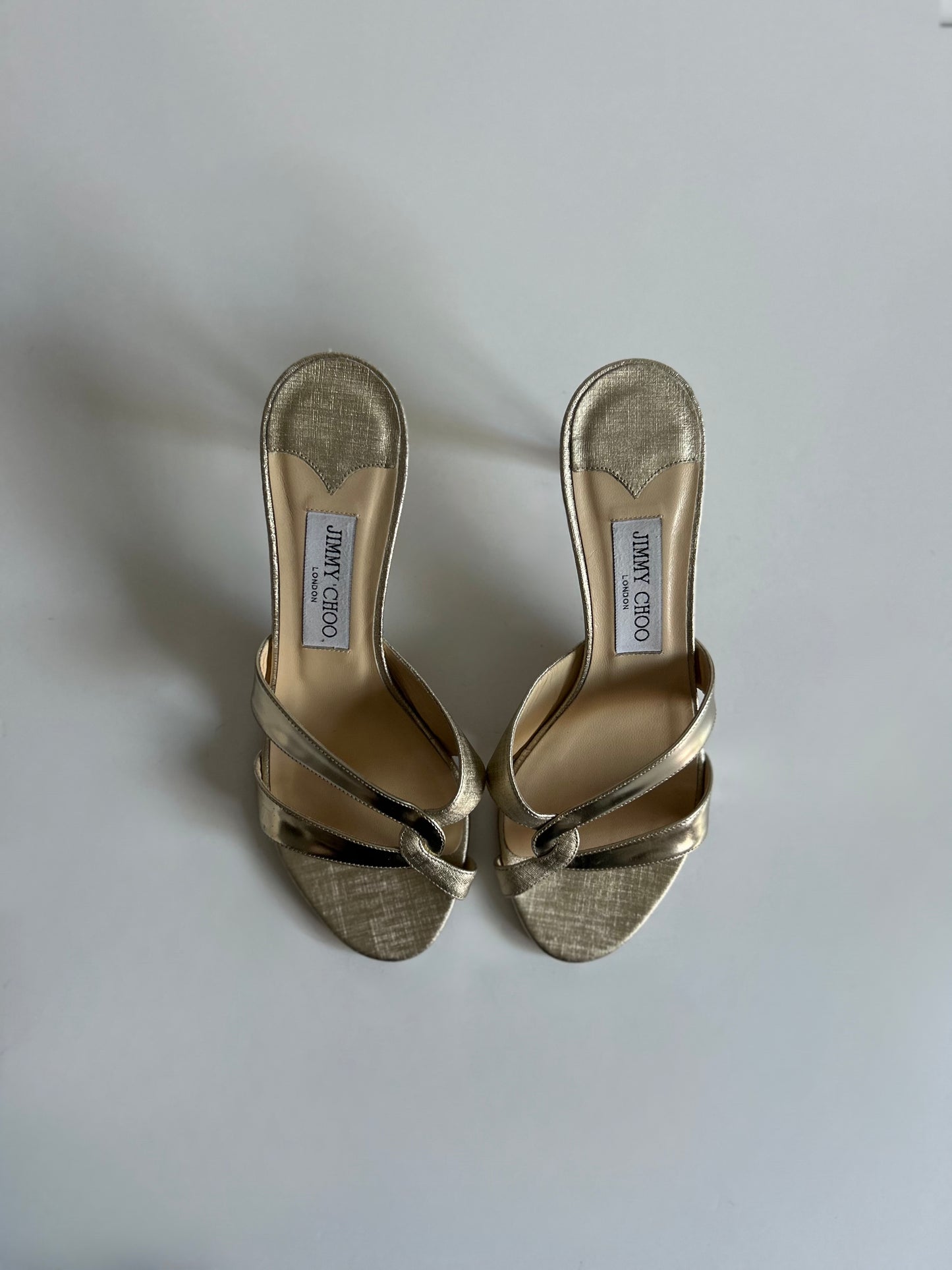 Designer Vintage Jimmy Choo London Metallic Gold Cross Strap Sandals Size 38.5 Y2K Heels