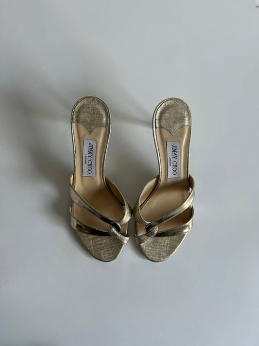 Designer Vintage Jimmy Choo London Metallic Gold Cross Strap Sandals Size 38.5 Y2K Heels