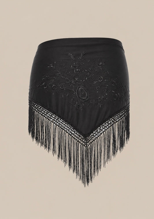 Vintage Black Embroidered Fringe Wrap Sorong Scarf | Bohemian Evening Shawl