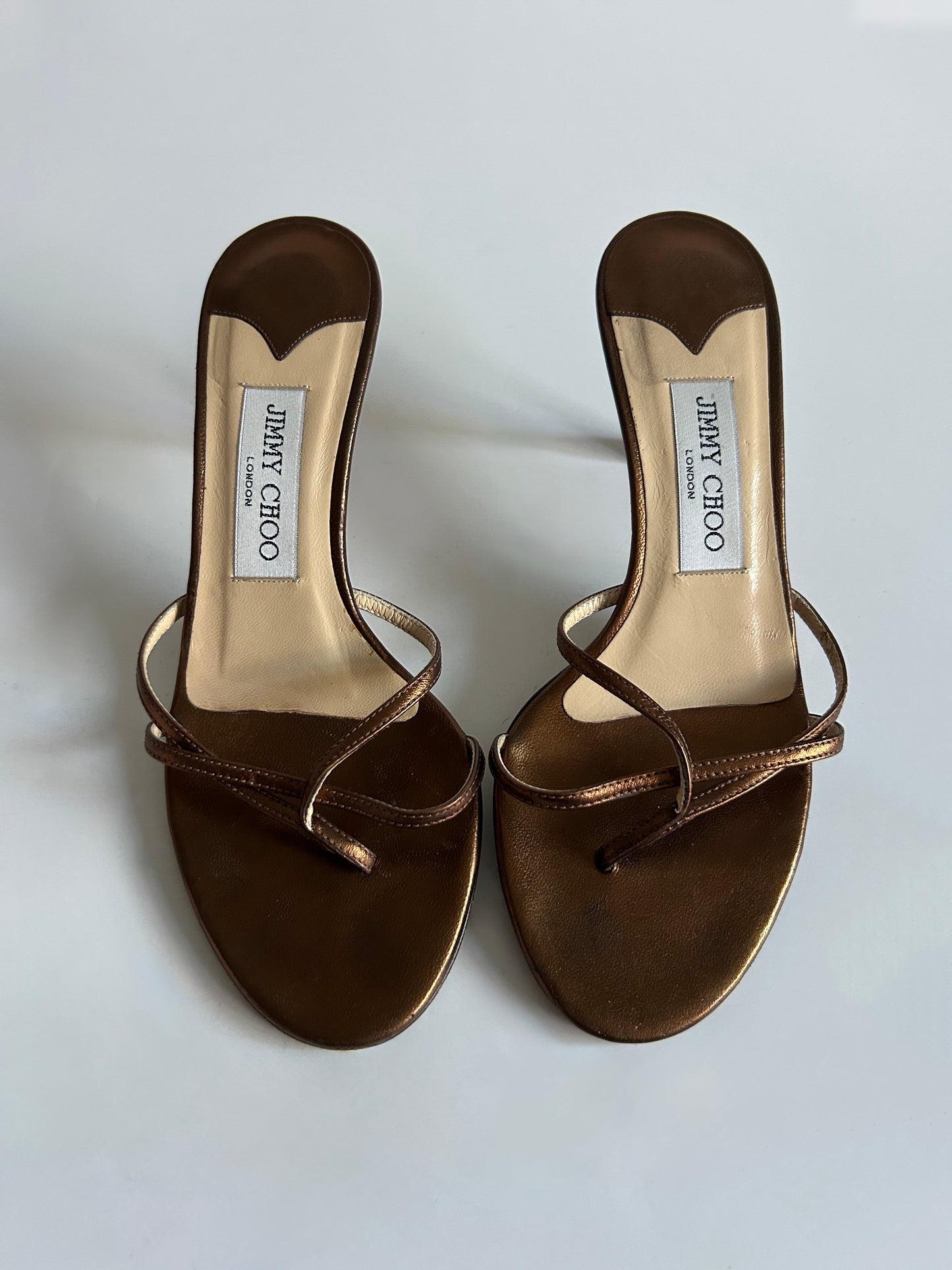 Designer Vintage Jimmy Choo London Metallic Bronze Strappy Mule Heels Y2K Sandals Made in Italy