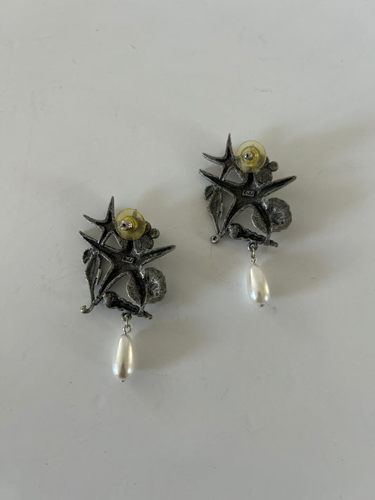 Vintage Silver JJ Jonette Beach Theme Star Fish Sea Horse Pearl Earrings