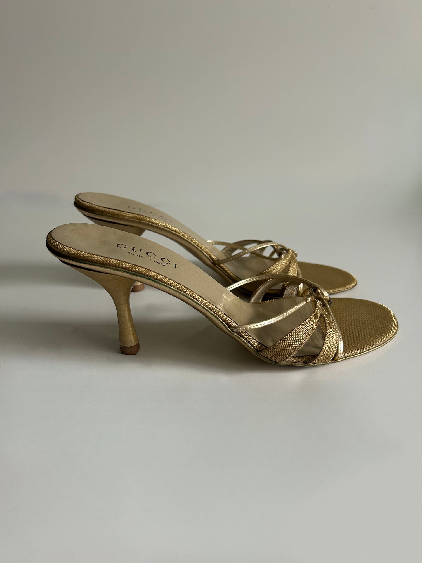 Vintage Gucci Tom Ford Era Gold Strappy Sandals Metallic Heels Made in Italy