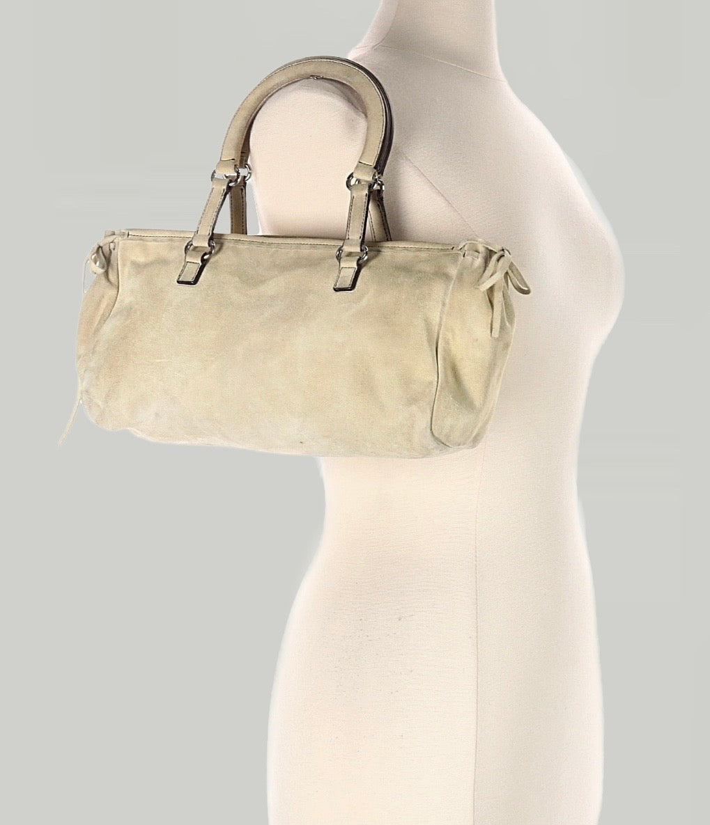 Designer Vintage Prada Suede East-West Tote Bag | Y2K Ivory Leather Shoulder Bag
