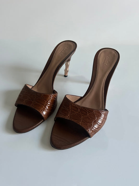 Designer Vintage Gucci Tom Ford Era Croc-Embossed Slide Sandal Heels Size 9 US