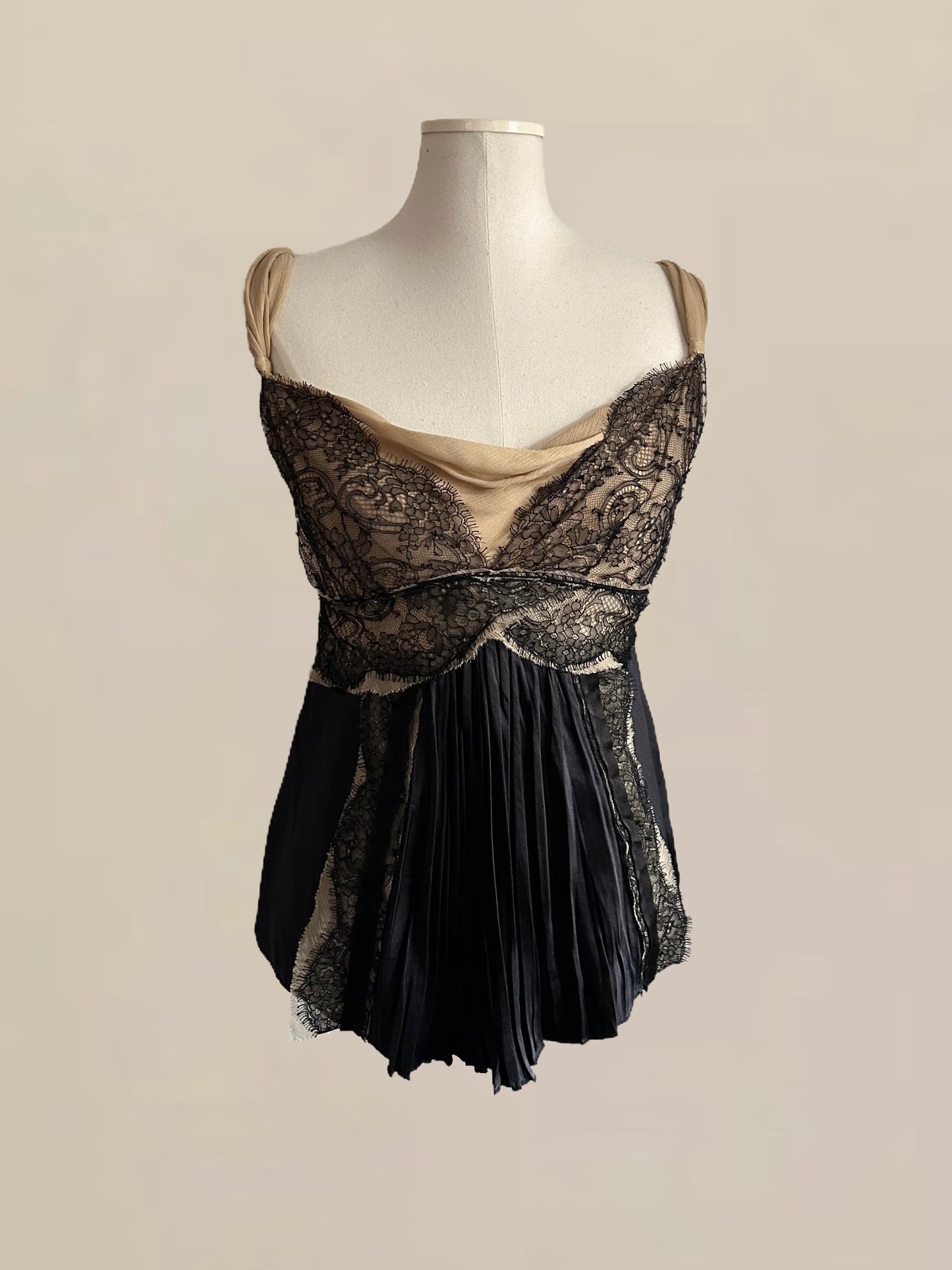Designer Vintage Prada Silk & Lace Babydoll Top – Nude and Black IT 40