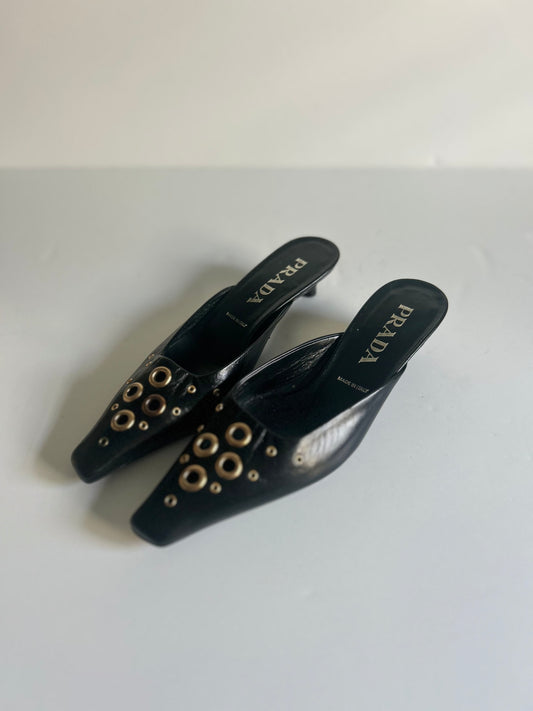 Designer Vintage Prada Black Leather Grommet Mule Kitten Heels Y2K