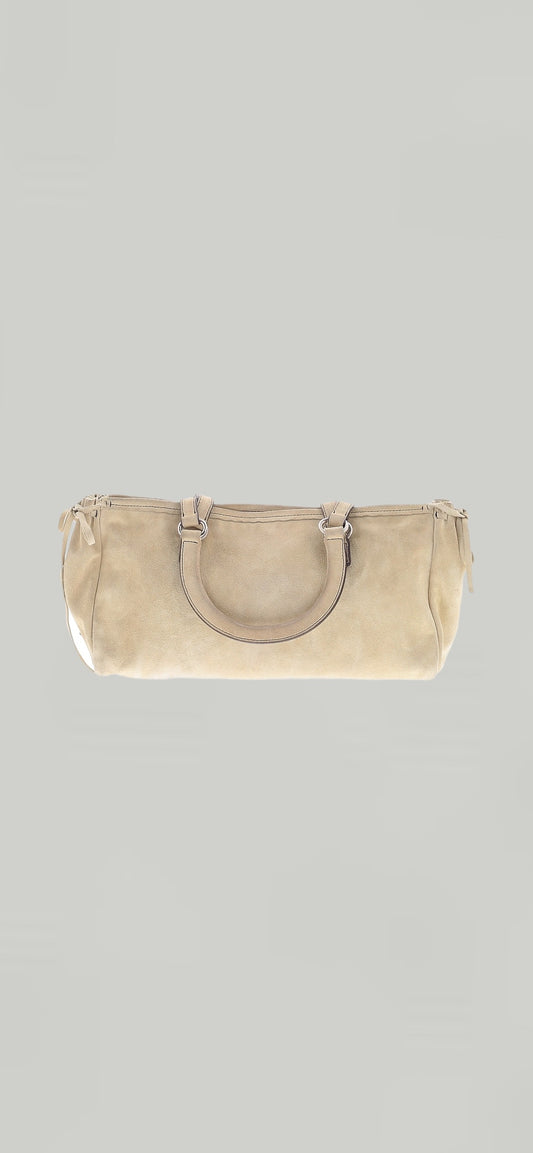 Designer Vintage Prada Suede East-West Tote Bag | Y2K Ivory Leather Shoulder Bag