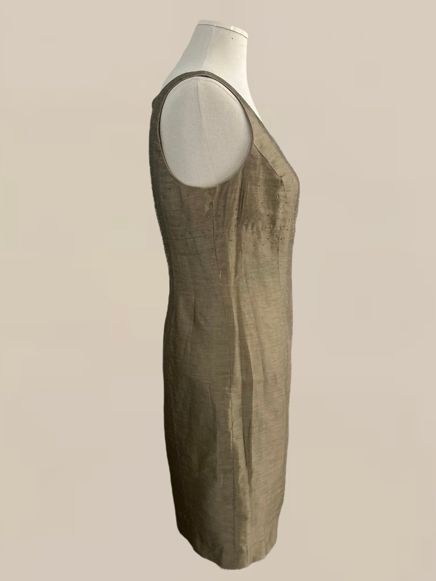 Vintage Olive Linen–Silk Beaded Square Neck Dress