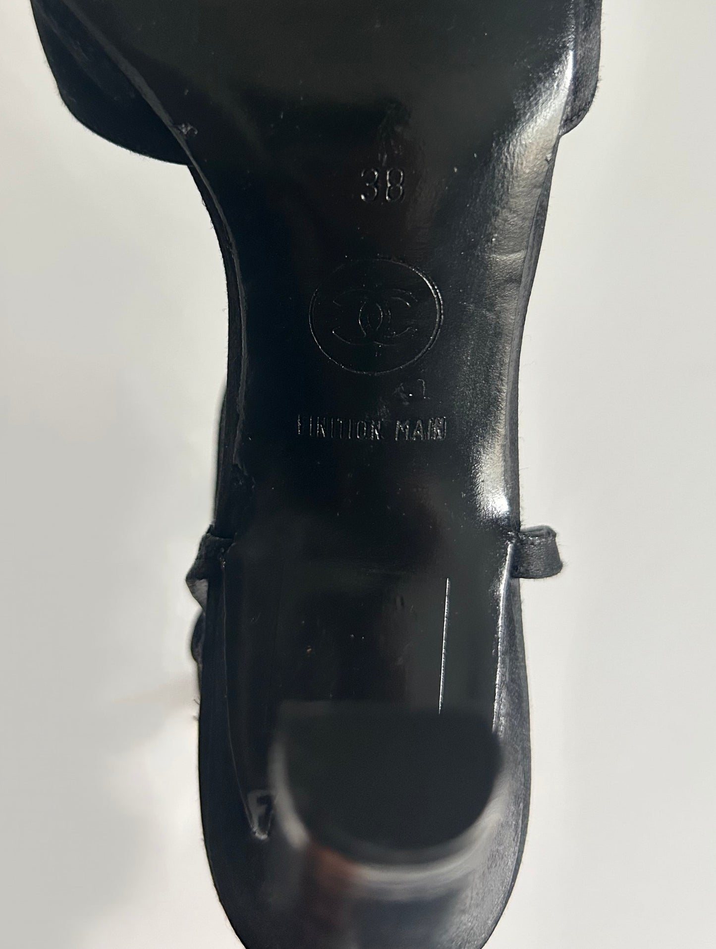 Designer Vintage Chanel Black Satin T-Strap Heels with Crystal Chain Detail - 1990s to early 2000s (Karl Lagerfeld era)