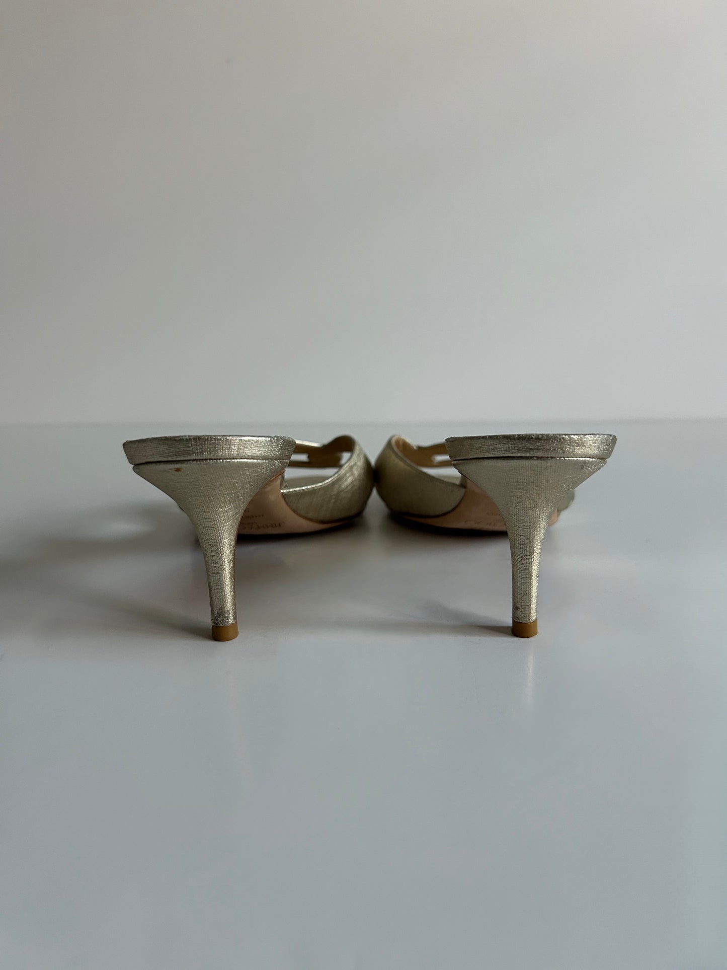 Designer Vintage Jimmy Choo London Metallic Gold Cross Strap Sandals Size 38.5 Y2K Heels