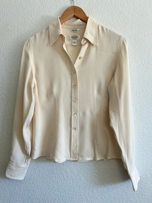Vintage Silk Cream Button Down Blouse (Petite)