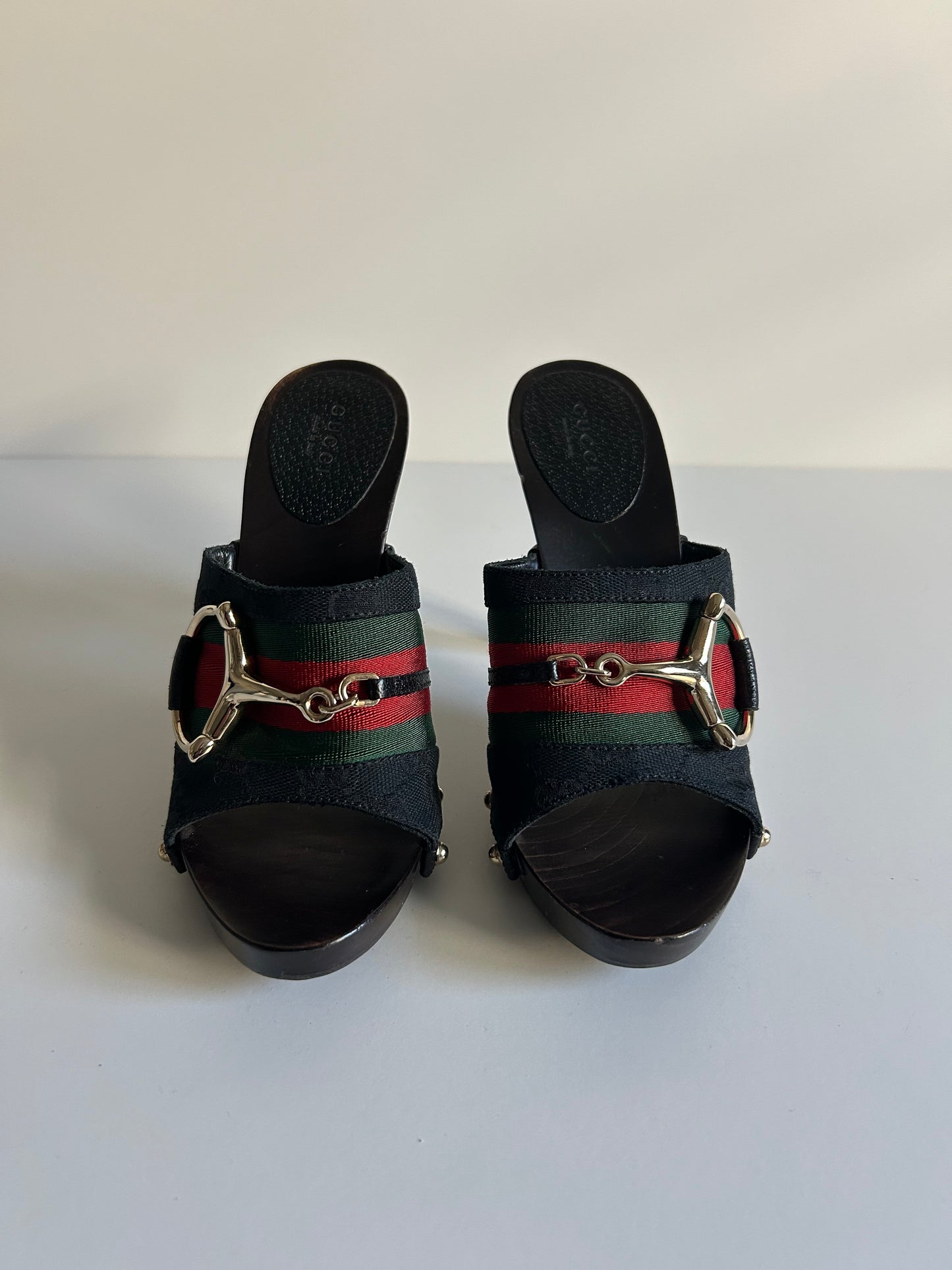 Designer Vintage Gucci Web Stripe Horsebit Mule Heels – Black Canvas & Wood Clog – Early 2000s