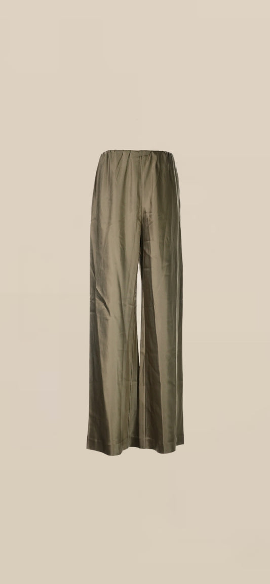 Lilly of Silk Olive Silk Wide-Leg Pants | Vintage Minimalist Luxury Lounge Trousers