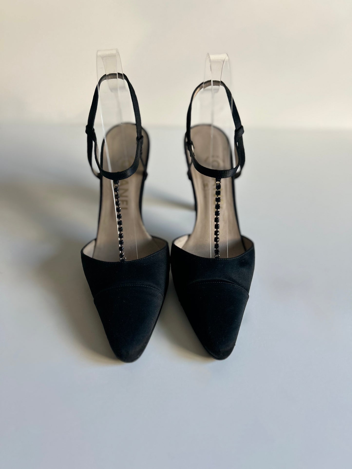 Designer Vintage Chanel Black Satin T-Strap Heels with Crystal Chain Detail - 1990s to early 2000s (Karl Lagerfeld era)