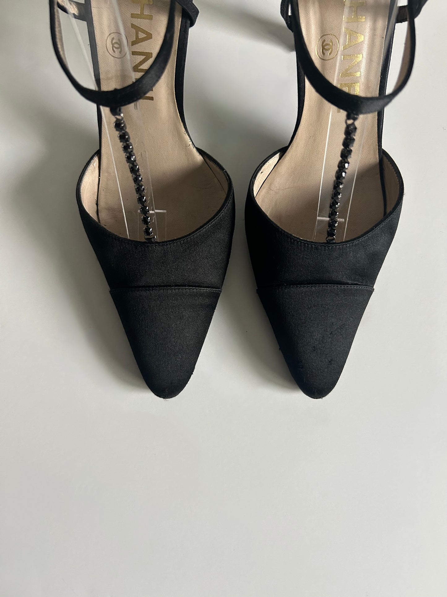 Designer Vintage Chanel Black Satin T-Strap Heels with Crystal Chain Detail - 1990s to early 2000s (Karl Lagerfeld era)