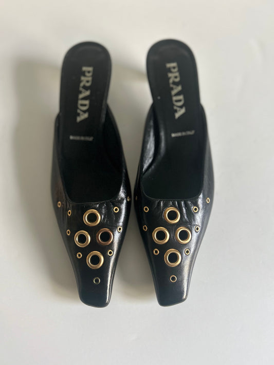 Designer Vintage Prada Black Leather Grommet Mule Kitten Heels Y2K