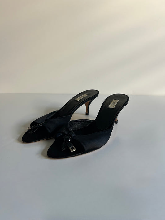 Designer Vintage Prada Black Silk Satin Crystal Logo Mule Heels Size 36 Made in Italy