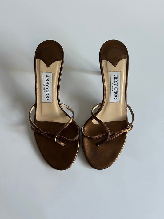 Designer Vintage Jimmy Choo London Metallic Bronze Strappy Mule Heels Y2K Sandals Made in Italy
