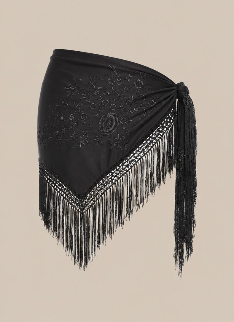 Vintage Black Embroidered Fringe Wrap Sorong Scarf | Bohemian Evening Shawl