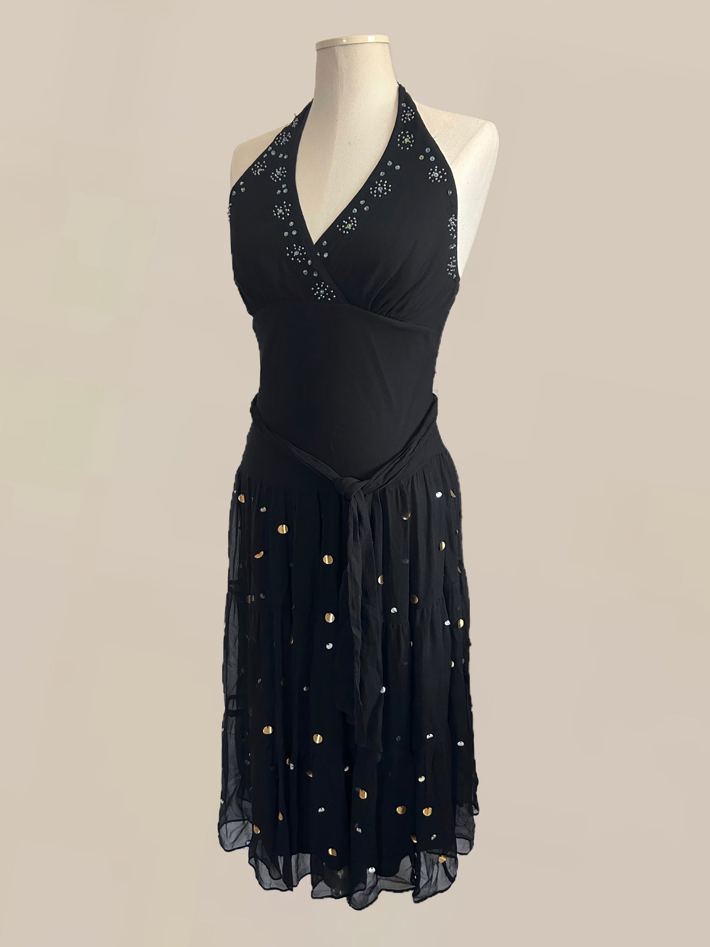 Vintage Black Silk Halter Dress with Gold & Silver Paillette Sequins | 90s / Y2K Dress