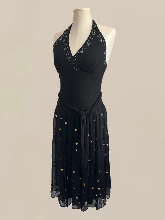 Vintage Black Silk Halter Dress with Gold & Silver Paillette Sequins | 90s / Y2K Dress