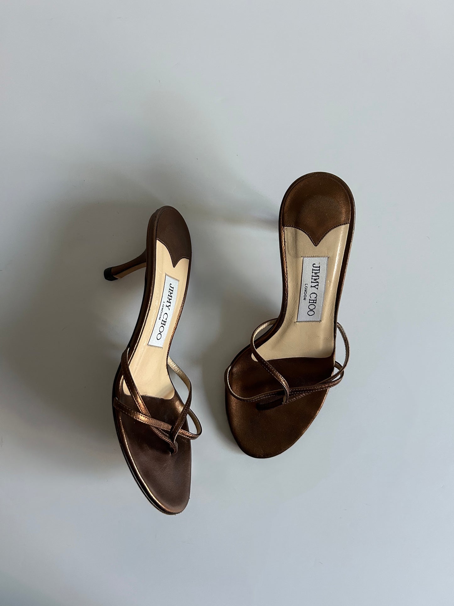 Designer Vintage Jimmy Choo London Metallic Bronze Strappy Mule Heels Y2K Sandals Made in Italy