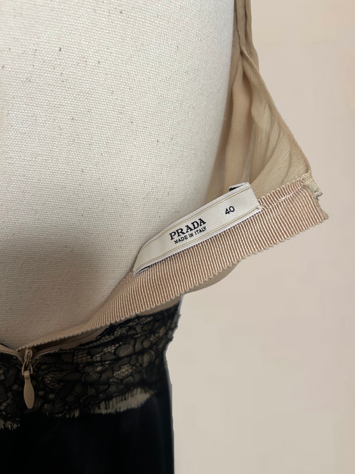 Designer Vintage Prada Silk & Lace Babydoll Top – Nude and Black IT 40