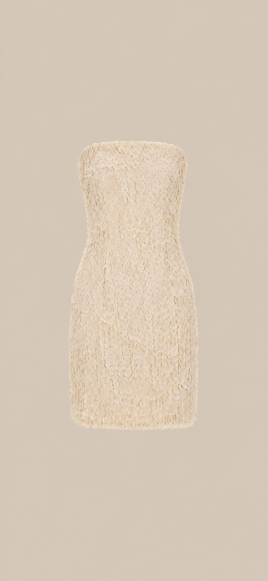 French Connection Ivory Paillette Appliqué Strapless Cocktail Dress | Y2K Occasion Dress