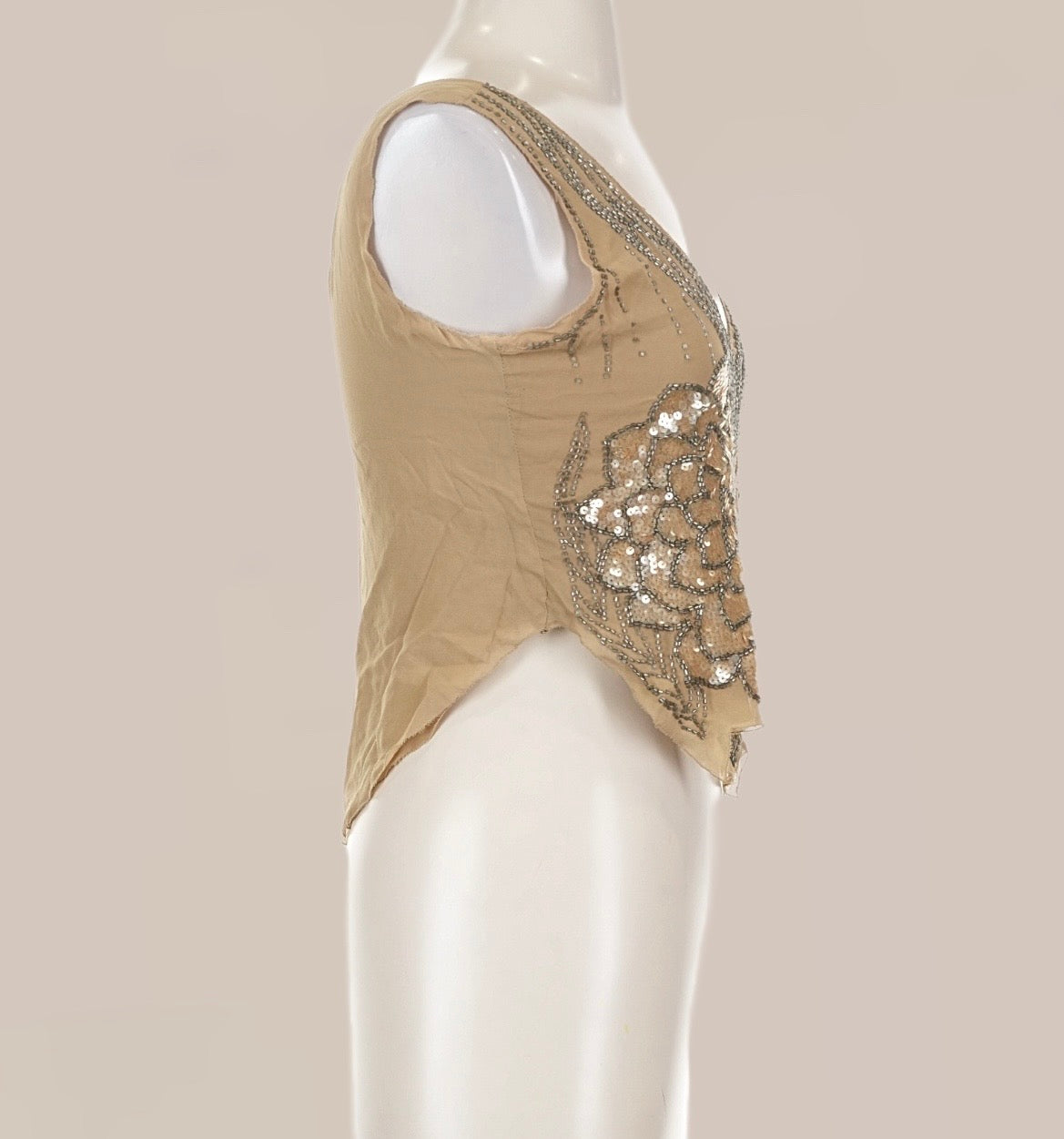 Vintage Bebe Beaded Silk Asymmetrical Top | Y2K Sequin Floral Tank