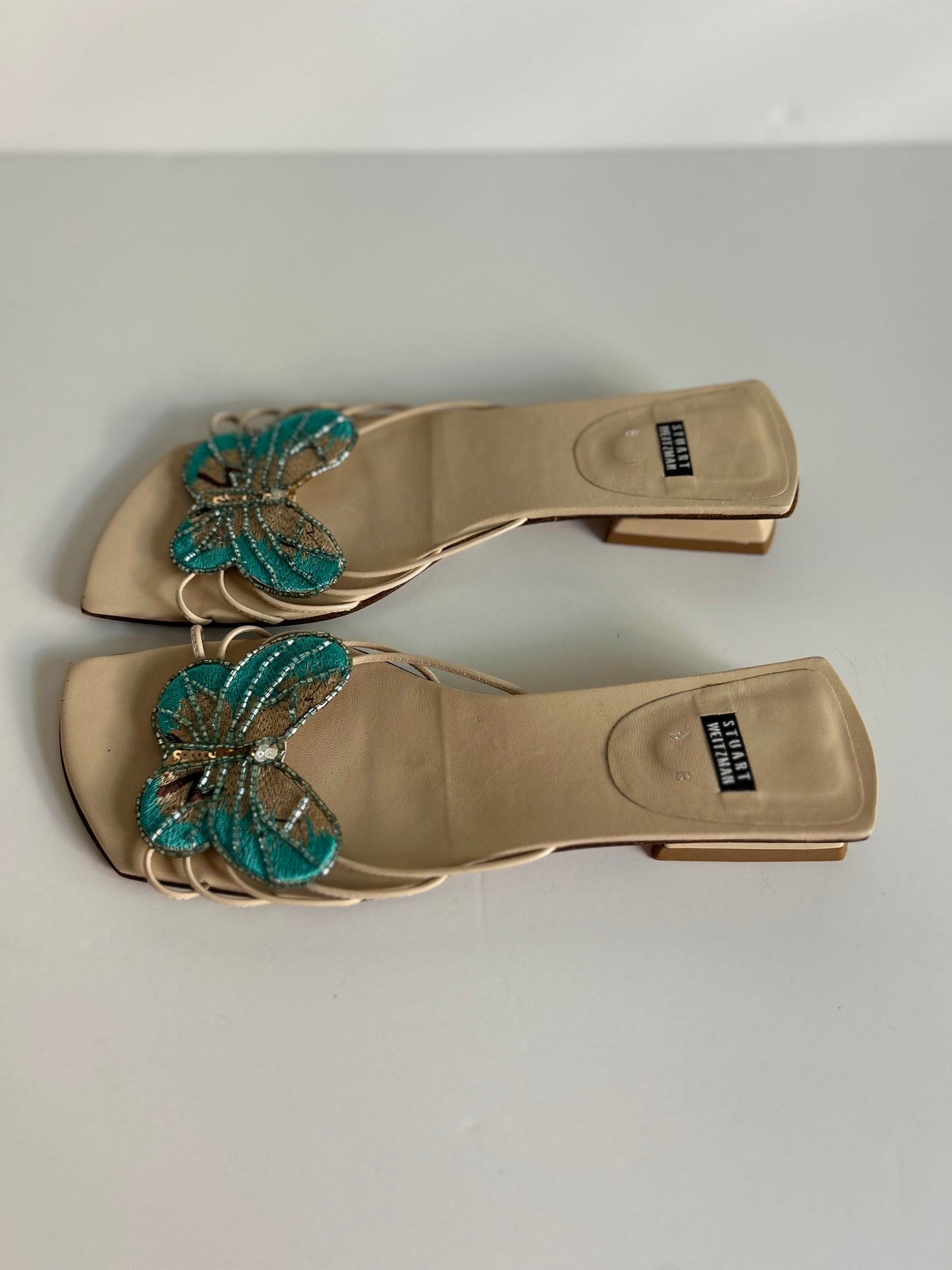 Designer Vintage Stuart Weitzman Butterfly Embellished Mule Heels Size 8 Beaded Y2K Sandals