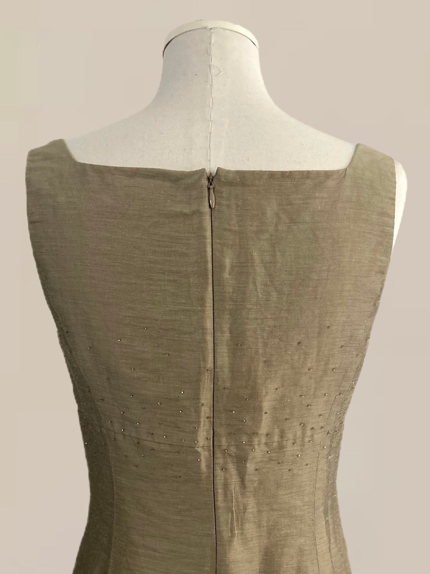 Vintage Olive Linen–Silk Beaded Square Neck Dress