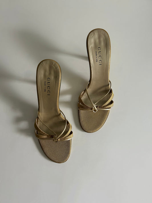 Vintage Gucci Tom Ford Era Gold Strappy Sandals Metallic Heels Made in Italy