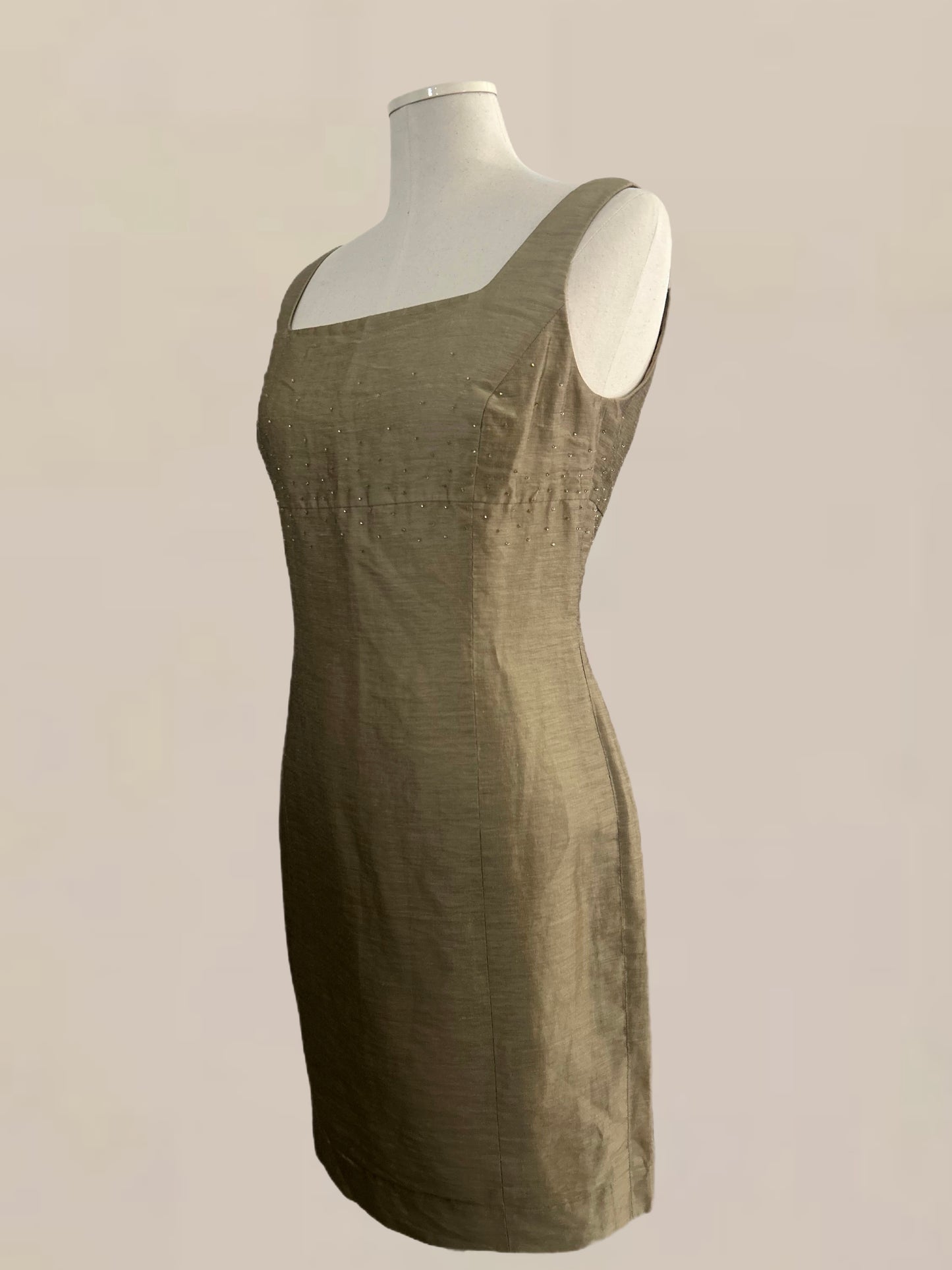 Vintage Olive Linen–Silk Beaded Square Neck Dress