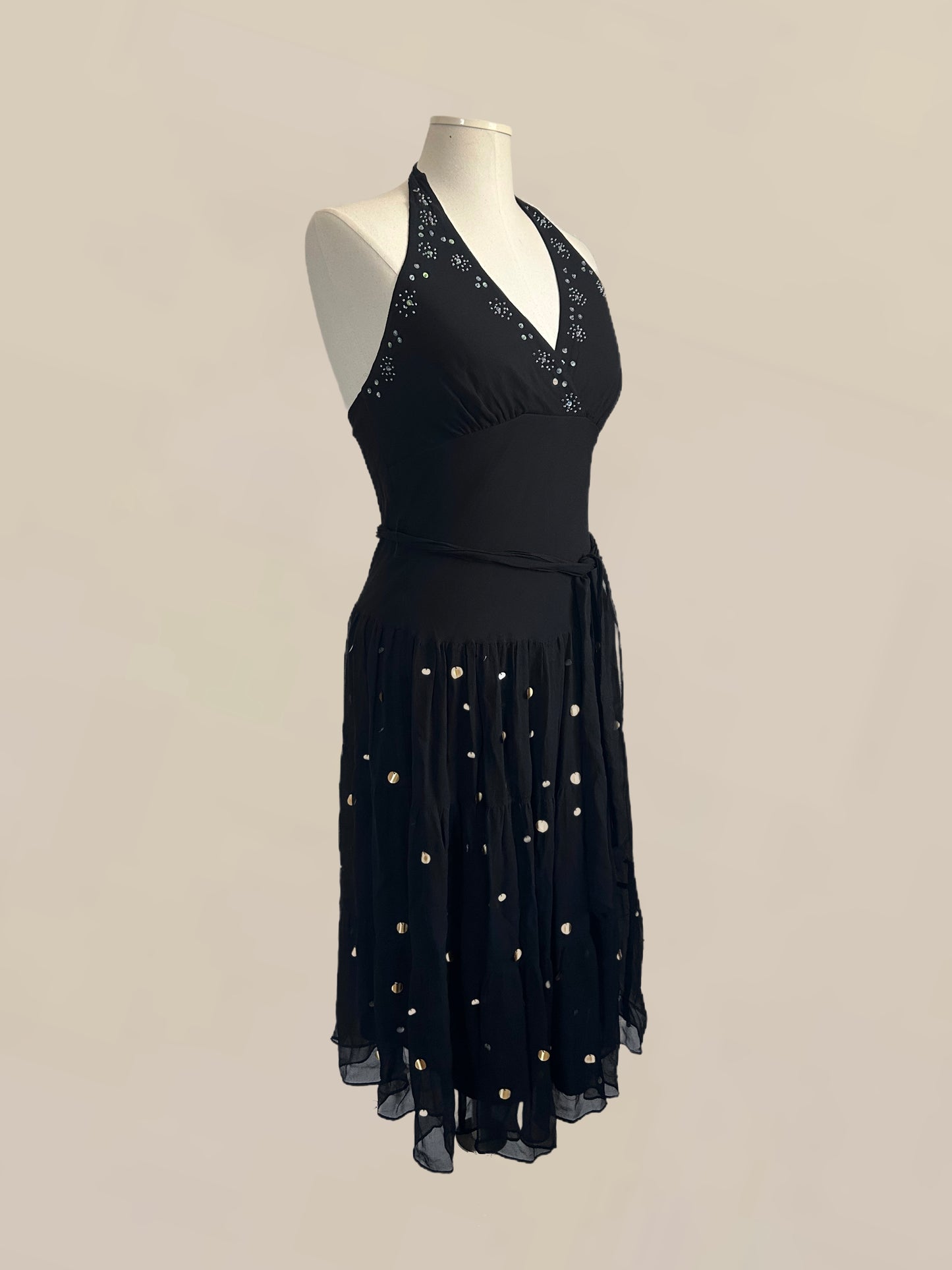 Vintage Black Silk Halter Dress with Gold & Silver Paillette Sequins | 90s / Y2K Dress