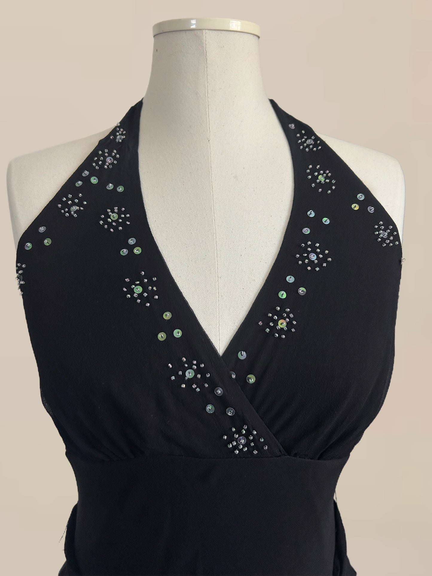 Vintage Black Silk Halter Dress with Gold & Silver Paillette Sequins | 90s / Y2K Dress