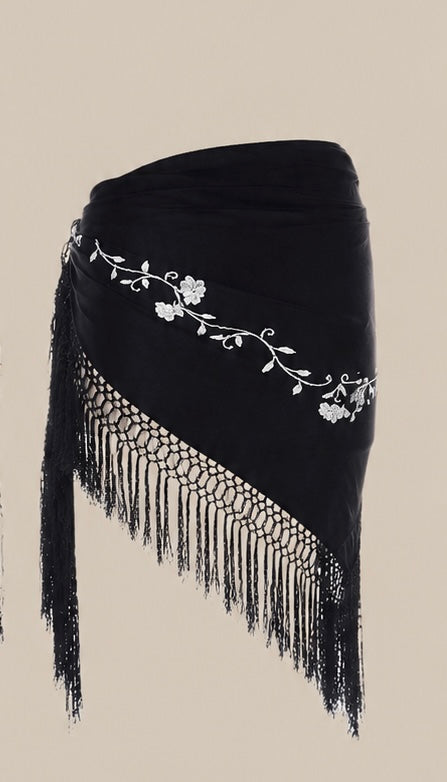 Vintage BCBG Max Azria Silk Fringe Wrap Skirt | Embroidered Floral Sarong | 90s Y2K Resort Wear