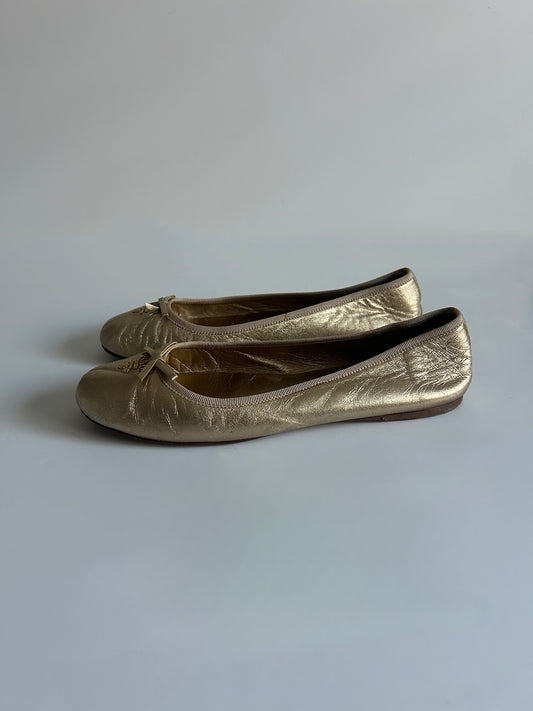Designer Vintage Prada Metallic Gold Leather Ballet Flats Y2K Designer Shoes Made in Italy
