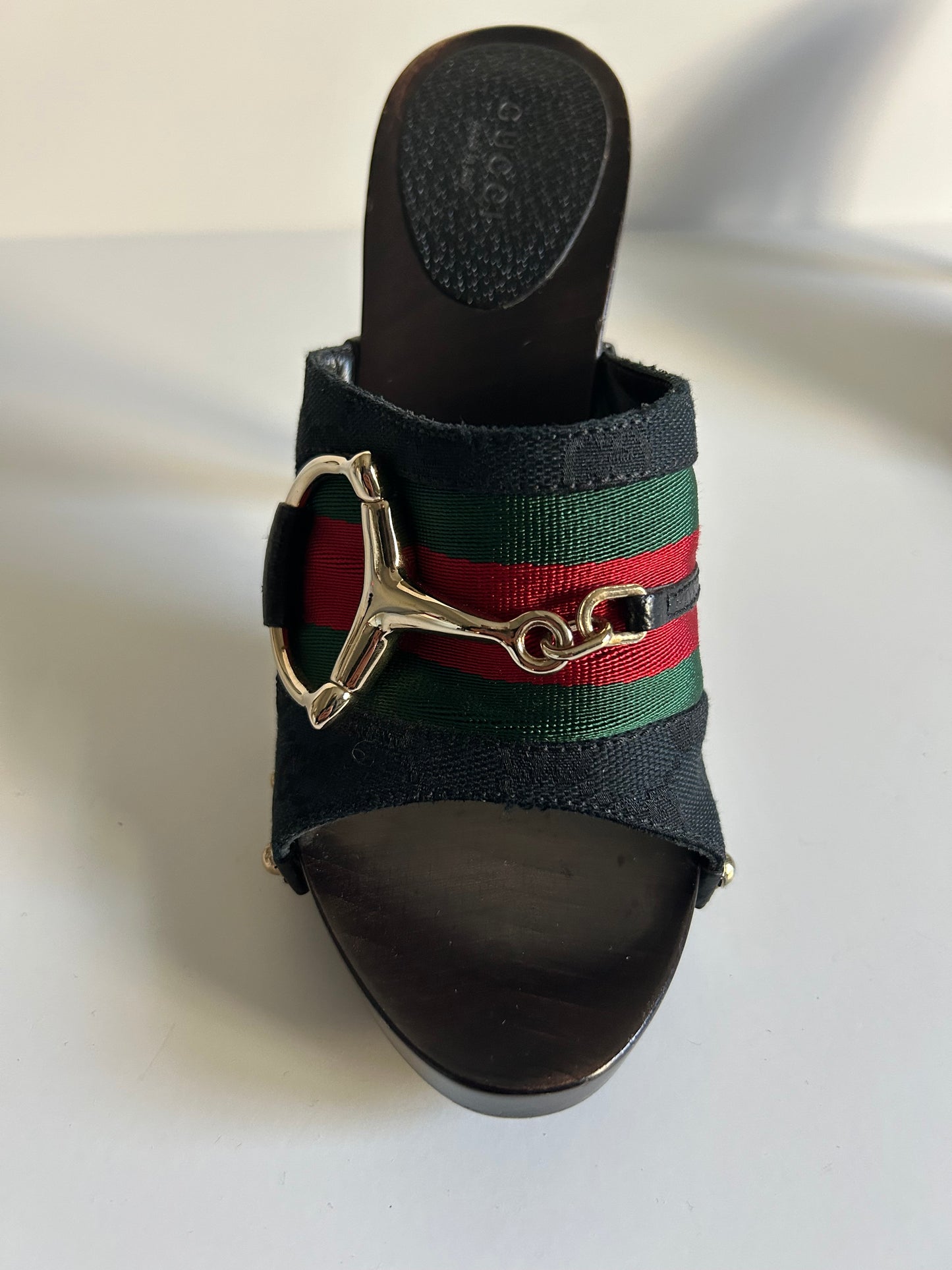 Designer Vintage Gucci Web Stripe Horsebit Mule Heels – Black Canvas & Wood Clog – Early 2000s