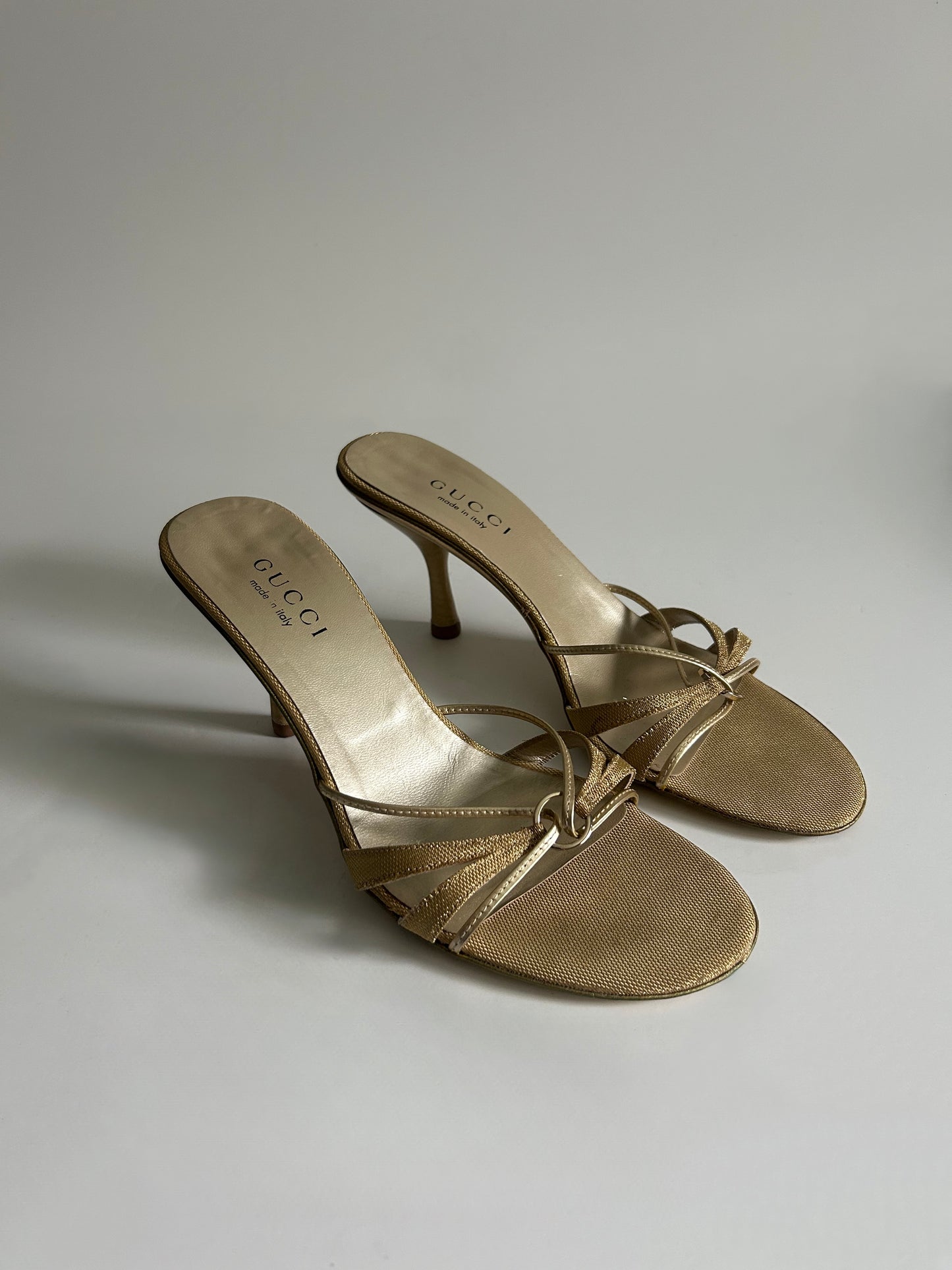 Vintage Gucci Tom Ford Era Gold Strappy Sandals Metallic Heels Made in Italy