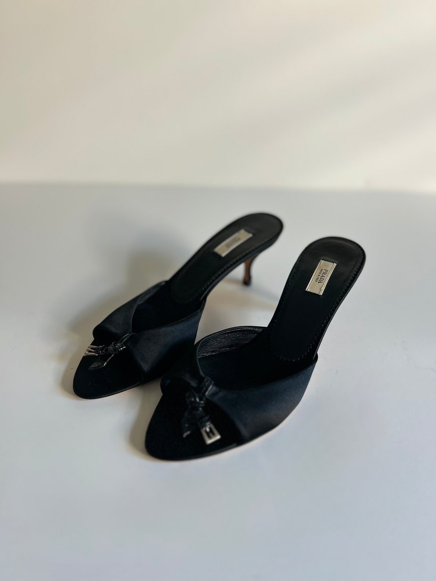 Designer Vintage Prada Black Silk Satin Crystal Logo Mule Heels Size 36 Made in Italy