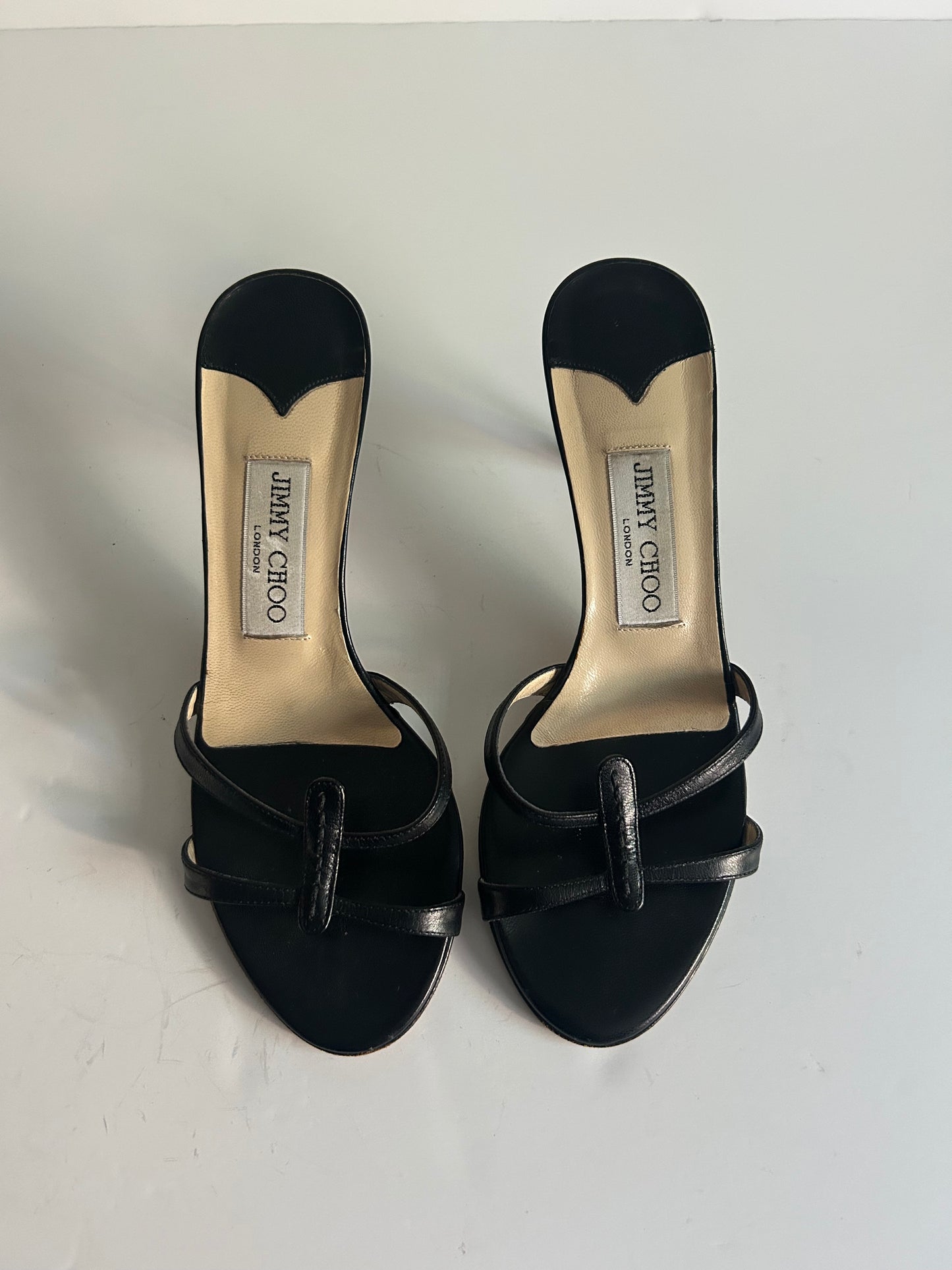 Designer Vintage Jimmy Choo London Black Leather Thong Mule Heels Y2K Sandals