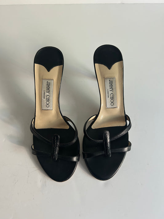 Designer Vintage Jimmy Choo London Black Leather Thong Mule Heels Y2K Sandals
